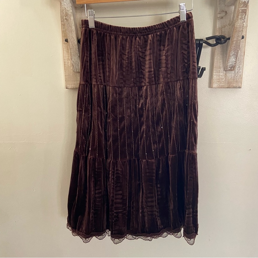 Y2K No Boundaries brown velvet tiered sequin lace trim midi skirt